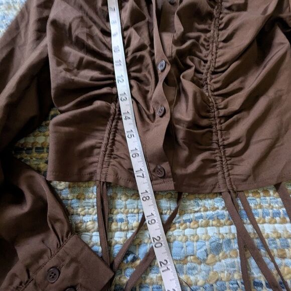 Brown Ruched Button Up L/S Top S Cropped Tie Detail Y2K Baddie Clubbing Sexy Dat - Picture 4 of 6